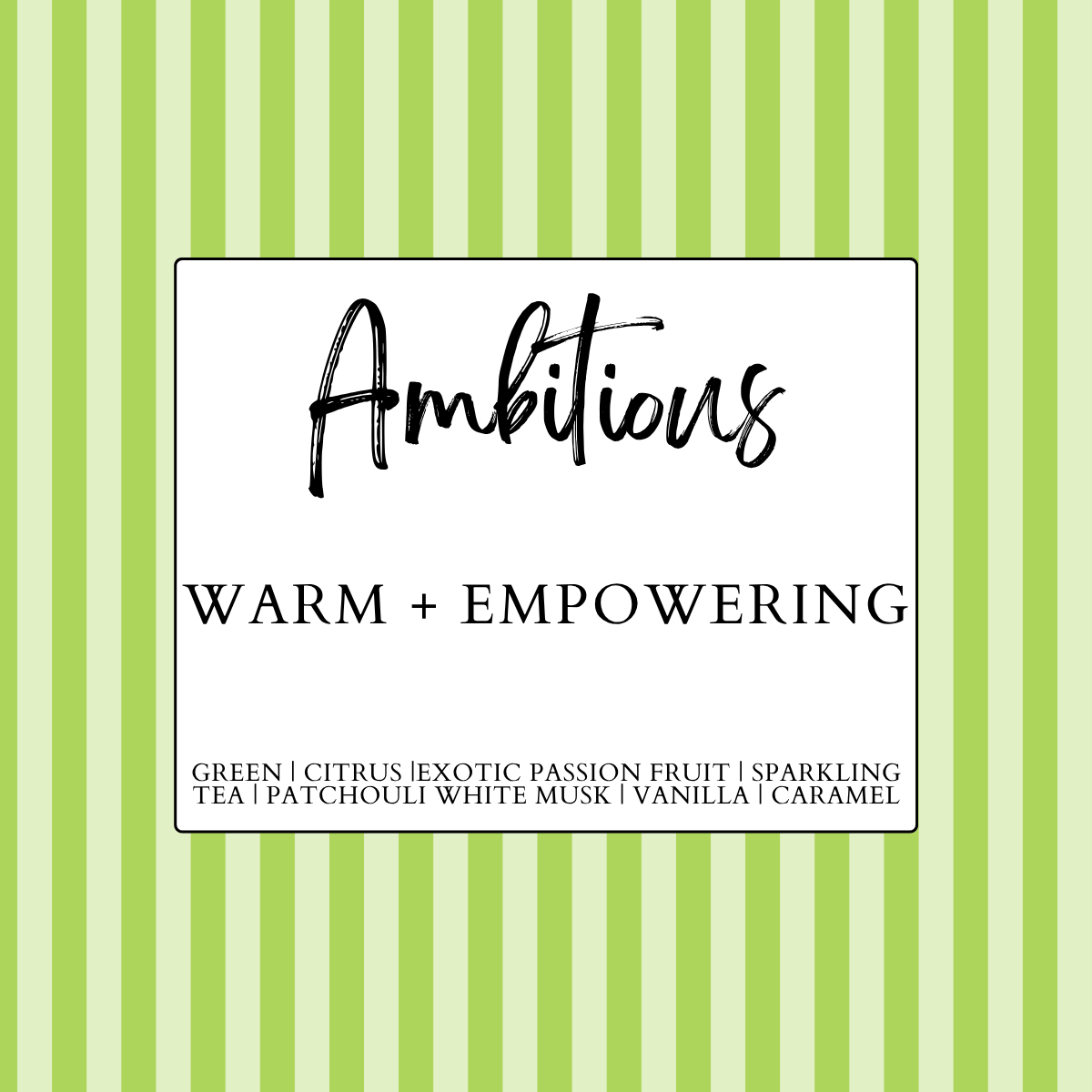 Ambitious luxury home fragrance collection by Heavenly Woods Candle Co., featuring a warm and empowering scent.