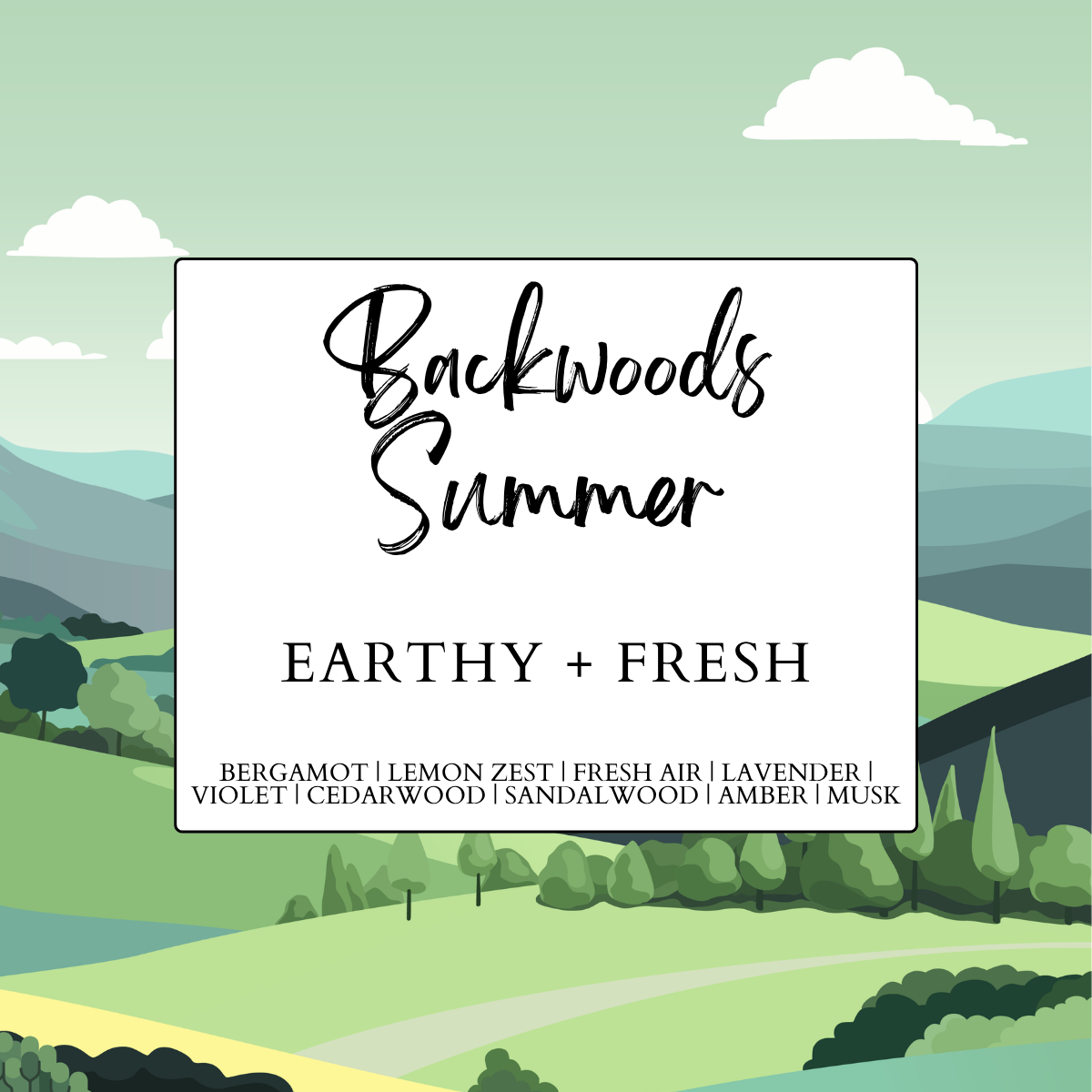 Backwoods Summer home fragrance collection by Heavenly Woods Candle Co., featuring an earthy and fresh scent.