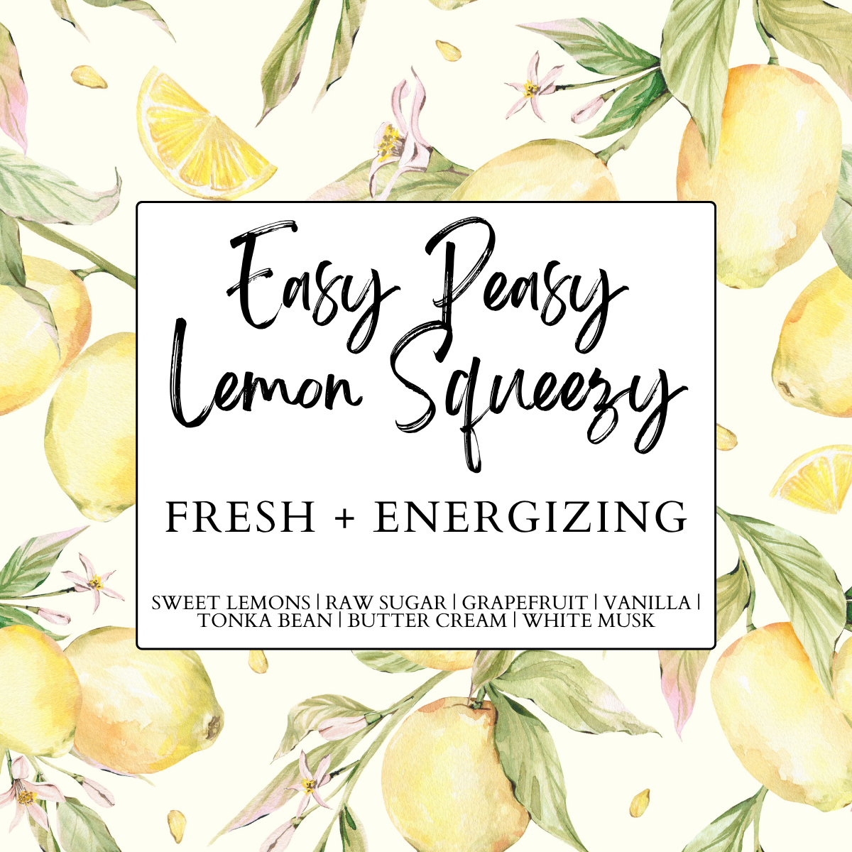 Easy Peasy Lemon Squeezy home fragrance collection by Heavenly Woods Candle Co., featuring a fresh and energizing citrus scent.