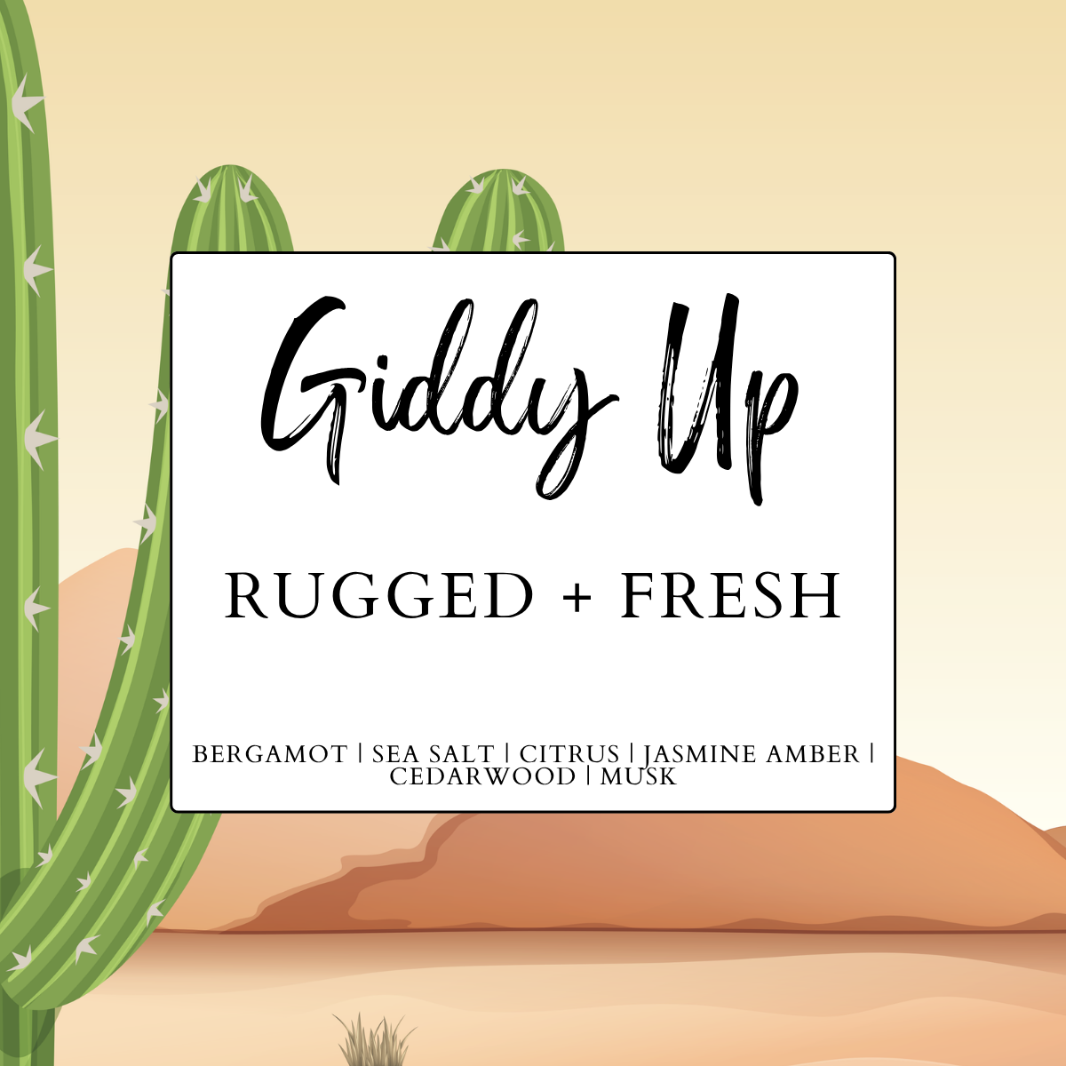 Giddy Up home fragrance collection by Heavenly Woods Candle Co., featuring a rugged and fresh scent.